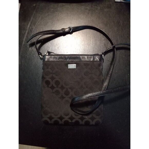 Coach Black Crossbody Signature "C" Logo Print Bag Silver Metal - Picture 1 of 6